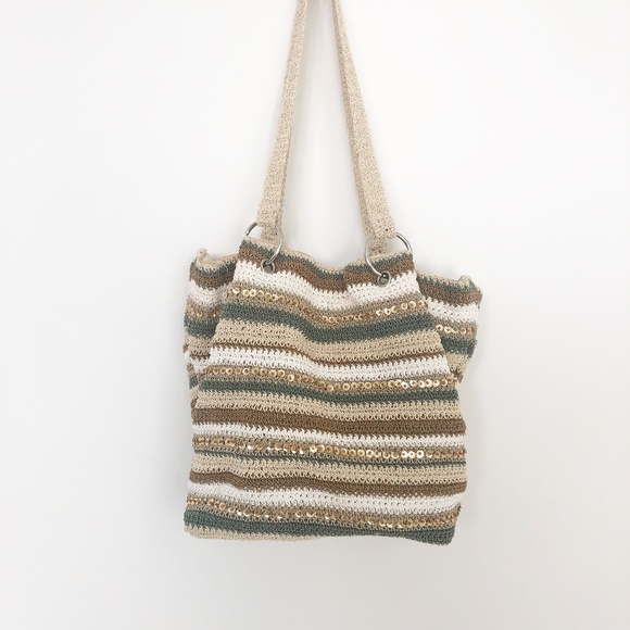 Handbags - Boho Tan White Green Striped Sequin Hobo Woven Bag